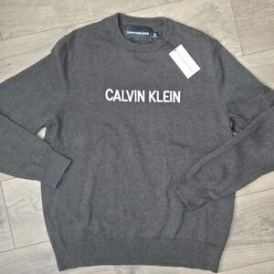 Calvin Klein Jeans Gray Logo Crewneck Sweater L NWT 100% Cotton Casual Knit